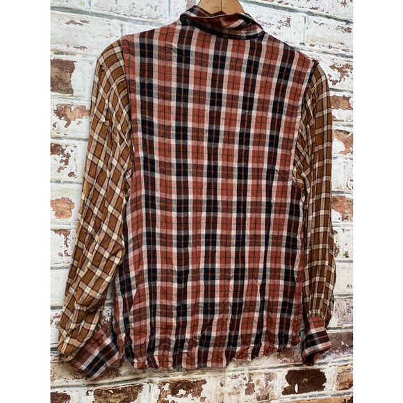 Free People Gold Embroidery Copper Two Tone Plaid Flowing Button Down Blouse - Picture 10 of 10